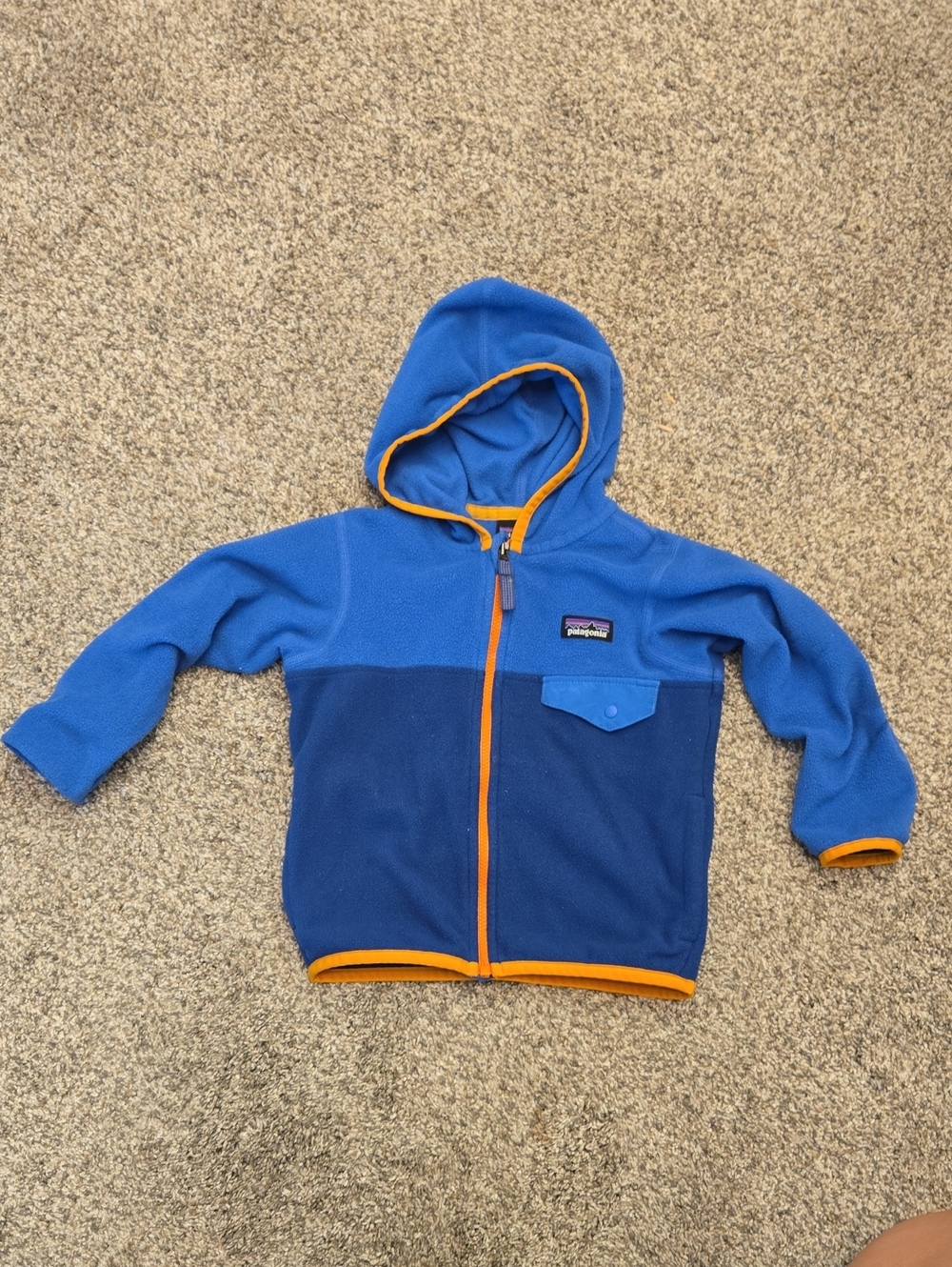 Patagonia Kids Blue Two-Tone Fleece Hoodie with Orange Trim 2T